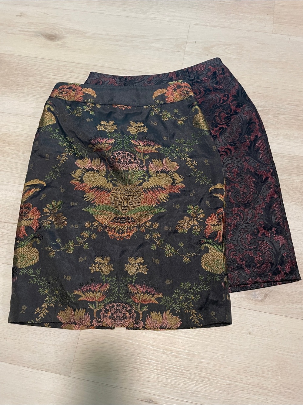 CAbi Floral Brocade Pencil Skirt in Black with Gold, Green & Rust Accents